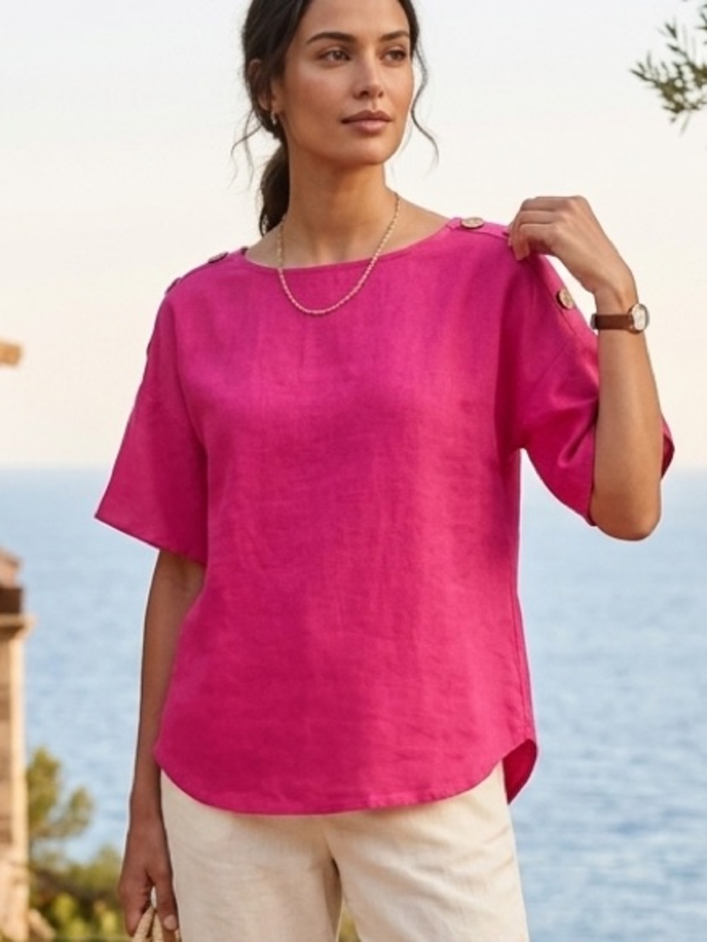 Ellen Tracy Hot Pink Linen Blend Flutter Sleeve Top - Button Shoulder Size L